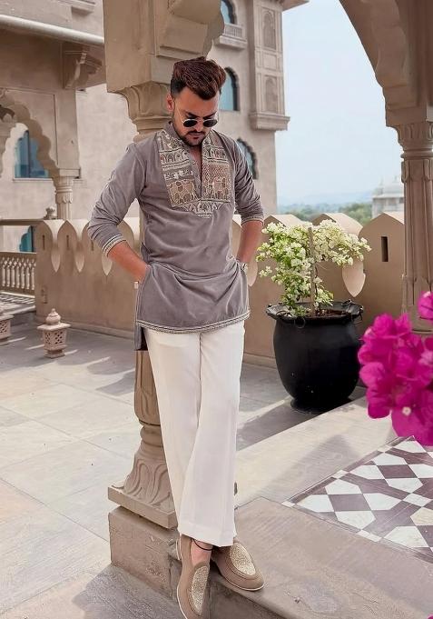 Purple Grey Embroidered Gaji Kurta For Men