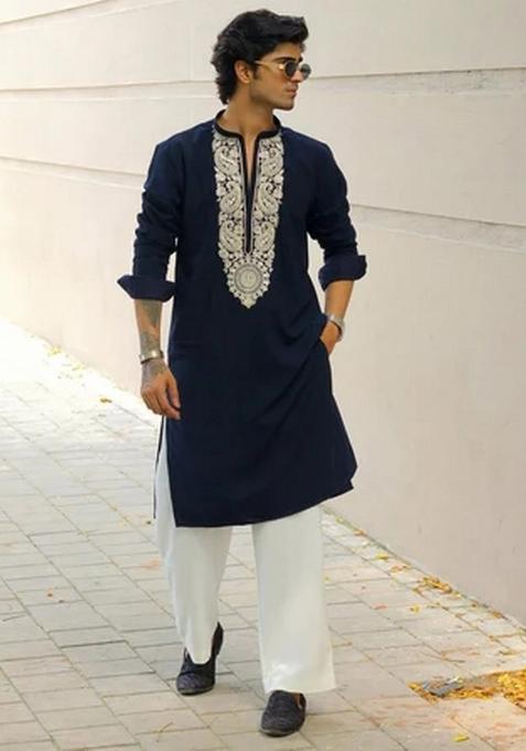 Blue Embroidered Gaji Kurta For Men