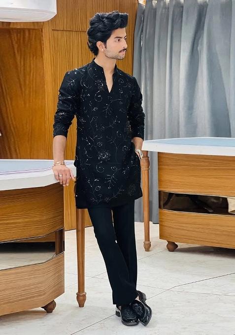 Black Embroidered Georgette Kurta For Men