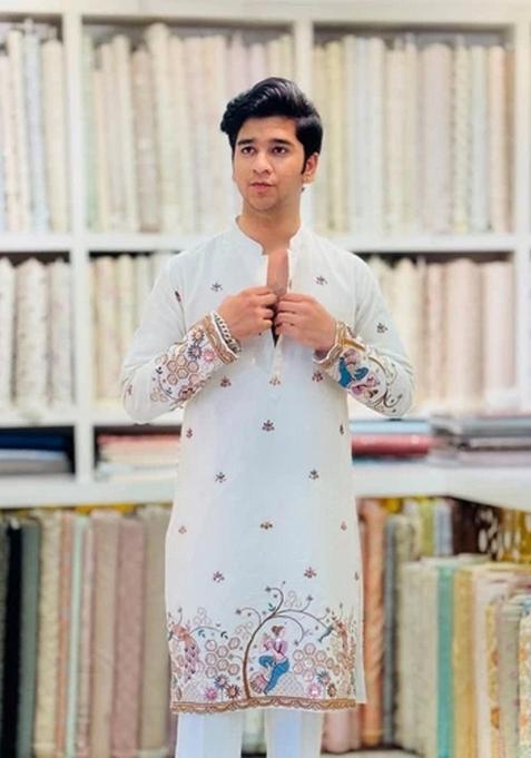 White Embroidered Rayon Kurta For Men
