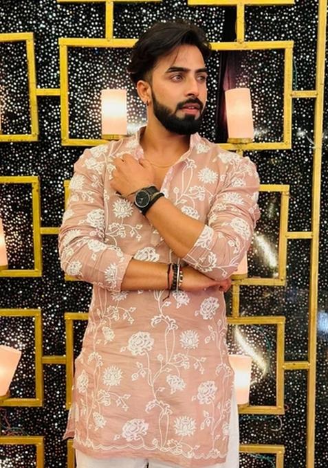 Peach Embroidered Silk Kurta For Men