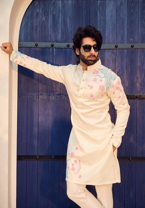 White Embroidered Gaji Kurta For Men