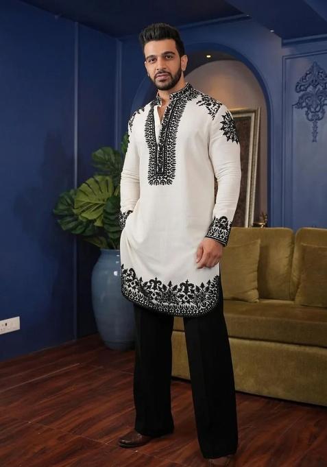 White Embroidered Silk Kurta For Men