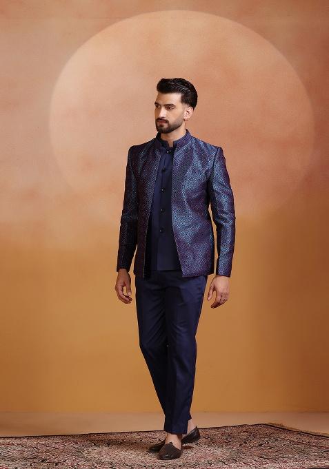 Navy Blue Embroidery Jacquard Sherwani Set For Men