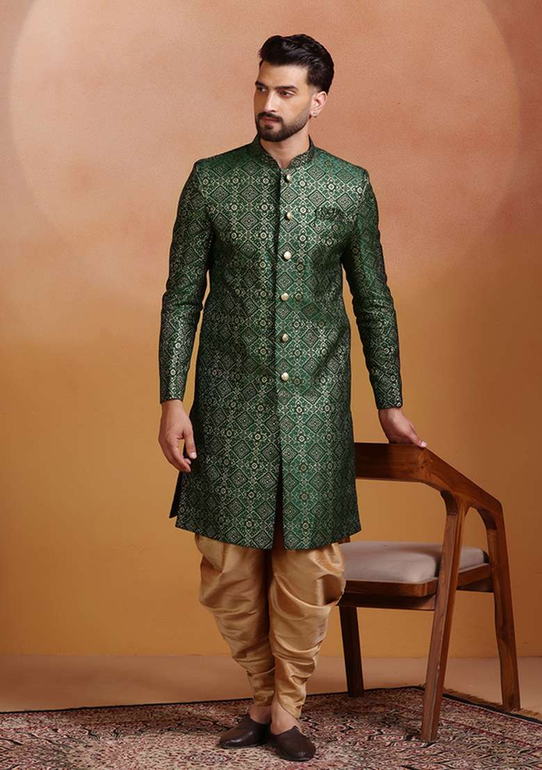 Green Embroidery Jacquard Sherwani Set For Men - Indya