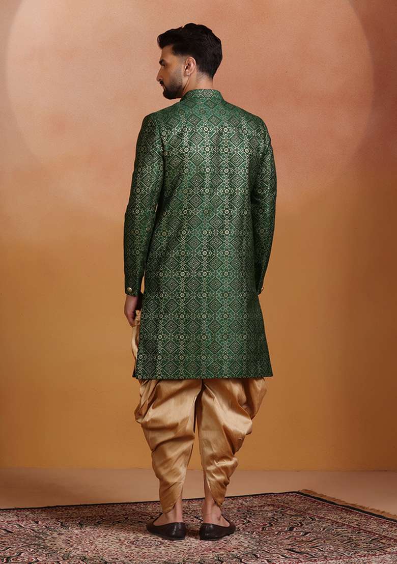 Green Embroidery Jacquard Sherwani Set For Men - Indya