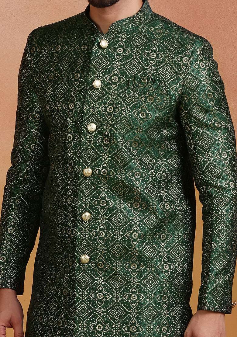 Green Embroidery Jacquard Sherwani Set For Men - Indya