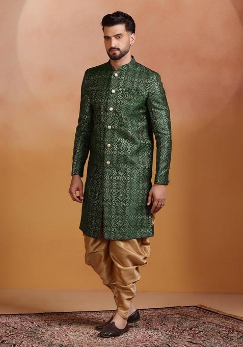 Green Embroidery Jacquard Sherwani Set For Men