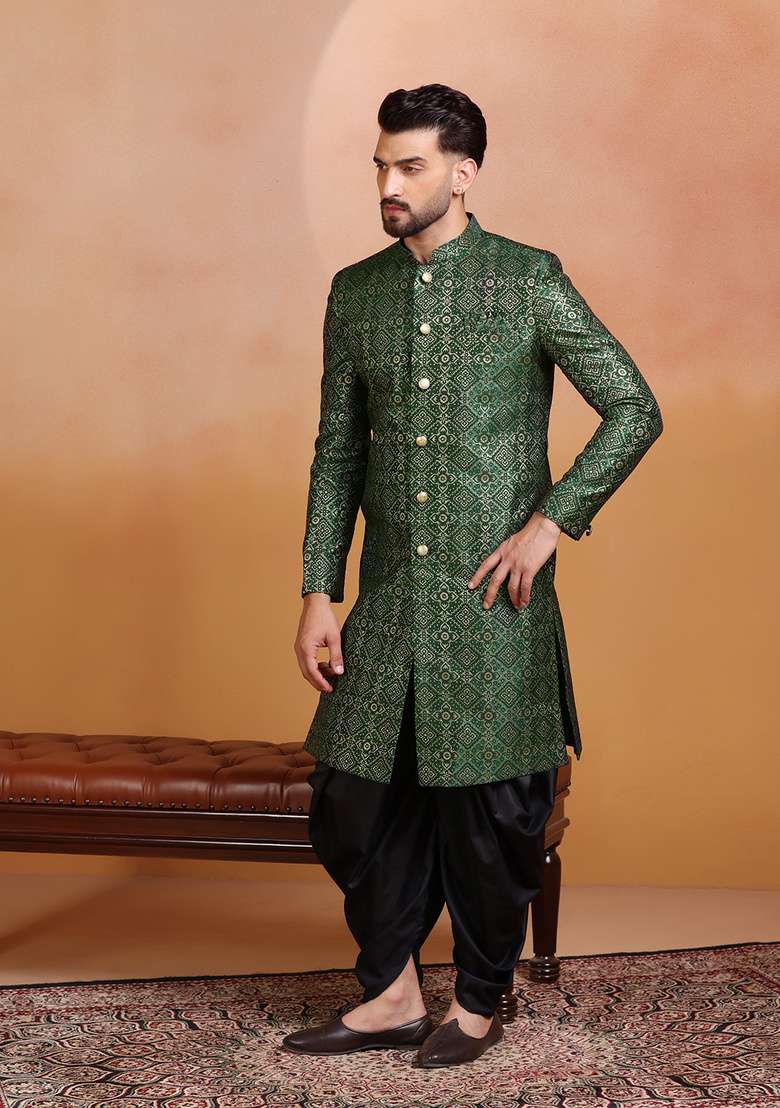 Green Embroidery Jacquard Sherwani Set For Men - Indya