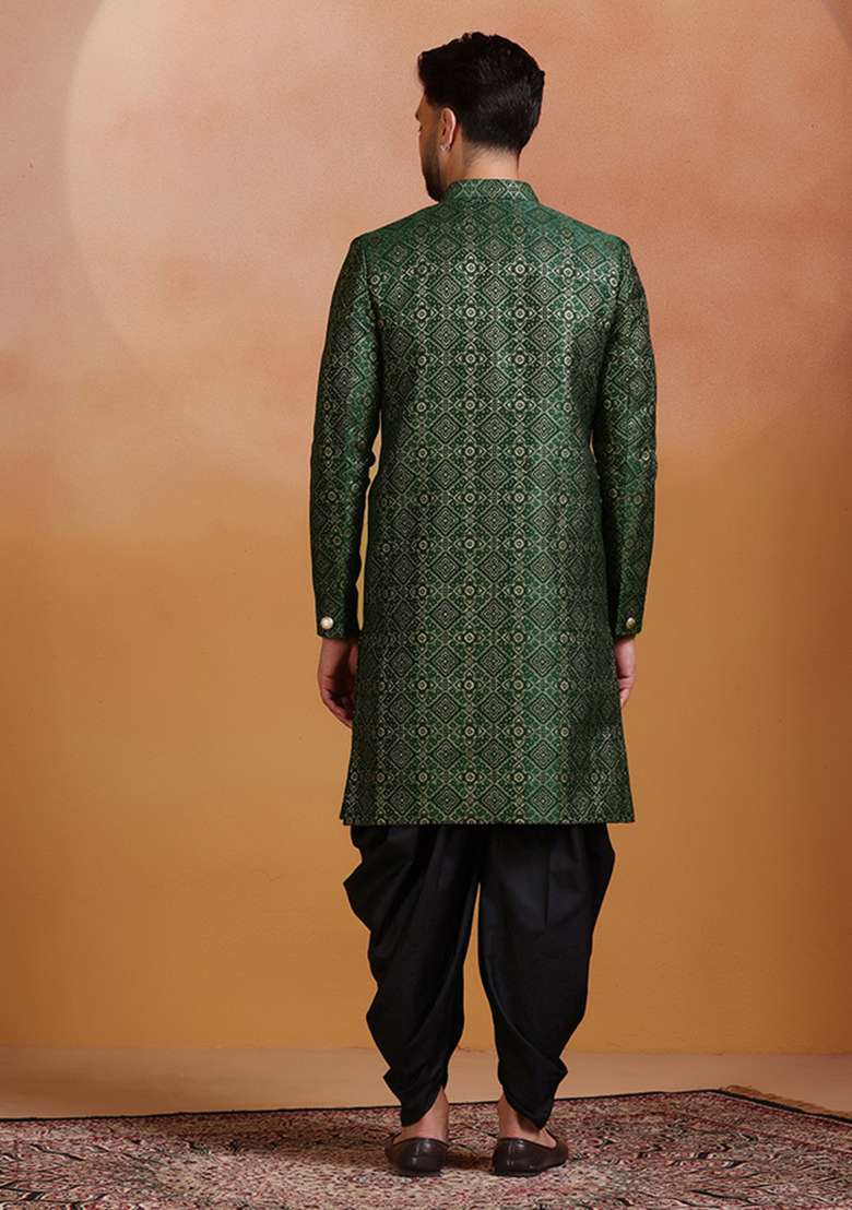 Green Embroidery Jacquard Sherwani Set For Men - Indya