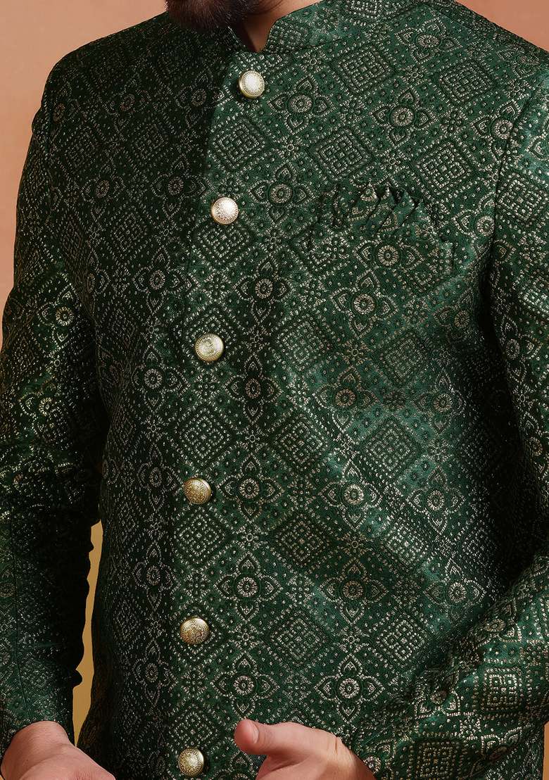Green Embroidery Jacquard Sherwani Set For Men - Indya