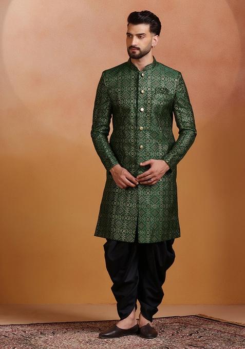 Green Embroidery Jacquard Sherwani Set For Men