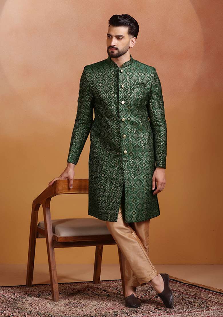 Green Embroidery Jacquard Sherwani Set For Men - Indya