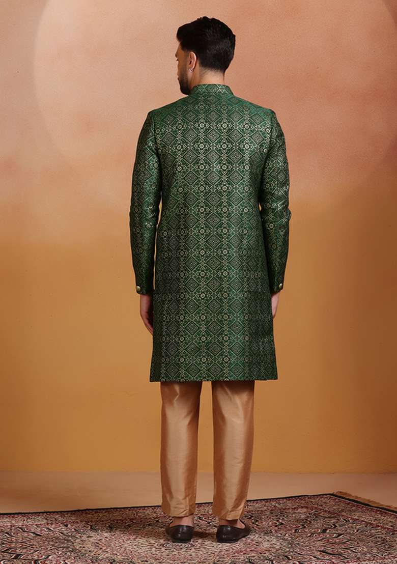 Green Embroidery Jacquard Sherwani Set For Men - Indya