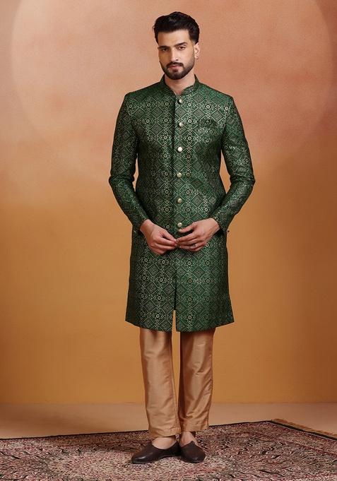 Green Embroidery Jacquard Sherwani Set For Men
