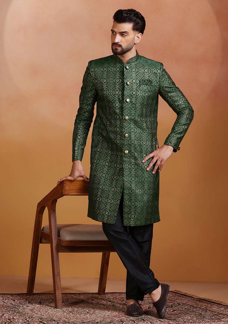 Green Embroidery Jacquard Sherwani Set For Men - Indya