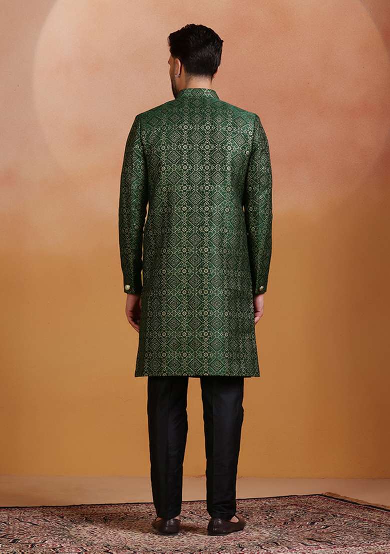 Green Embroidery Jacquard Sherwani Set For Men - Indya
