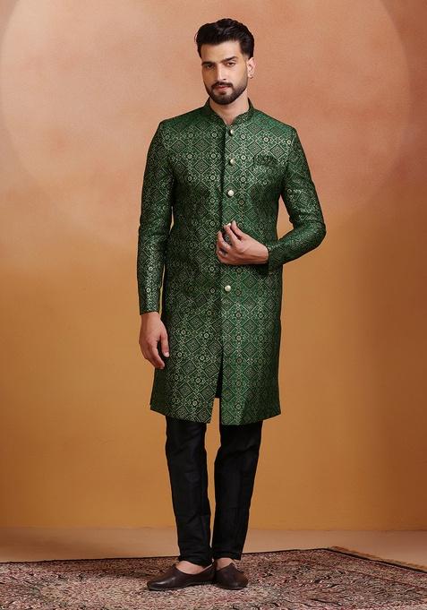 Green Embroidery Jacquard Sherwani Set For Men