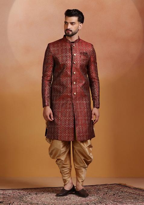 Red Embroidery Jacquard Sherwani Set For Men