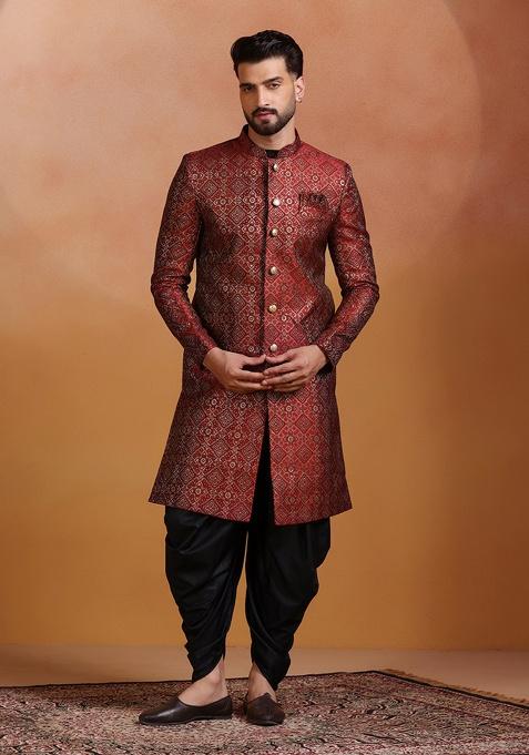 Red Embroidery Jacquard Sherwani Set For Men
