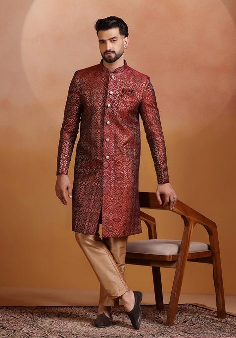 Red Embroidery Jacquard Sherwani Set For Men