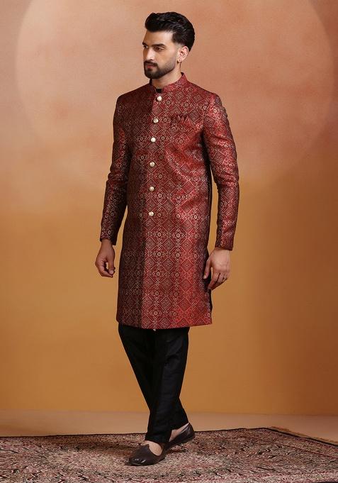 Red Embroidery Jacquard Sherwani Set For Men