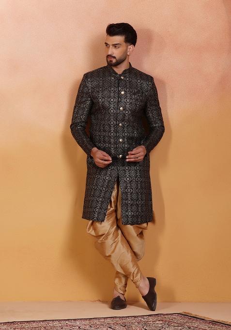 Black Embroidery Jacquard Sherwani Set For Men