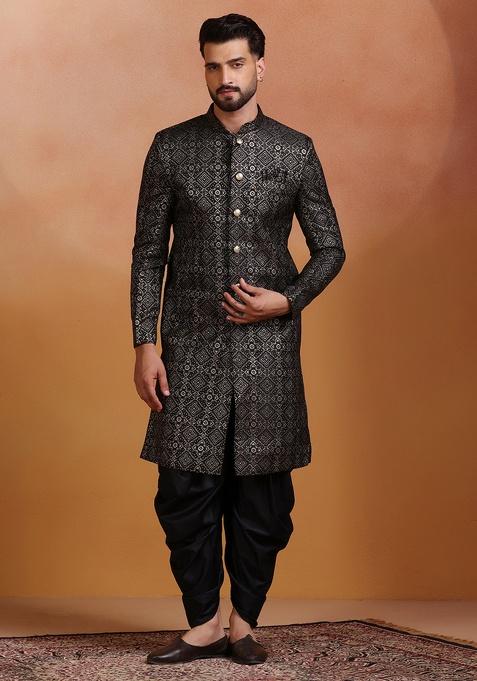 Black Embroidery Jacquard Sherwani Set For Men