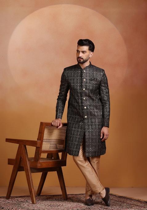 Black Embroidery Jacquard Sherwani Set For Men