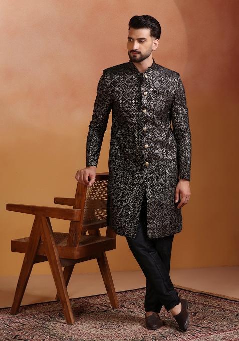 Black Embroidery Jacquard Sherwani Set For Men