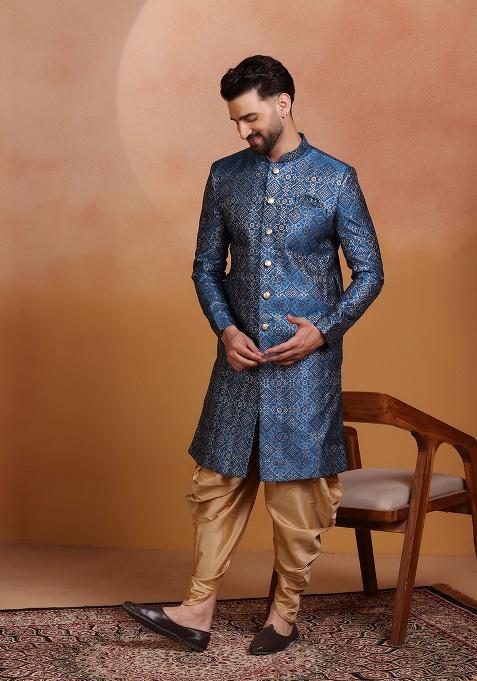 Royal Blue Embroidery Jacquard Sherwani Set For Men