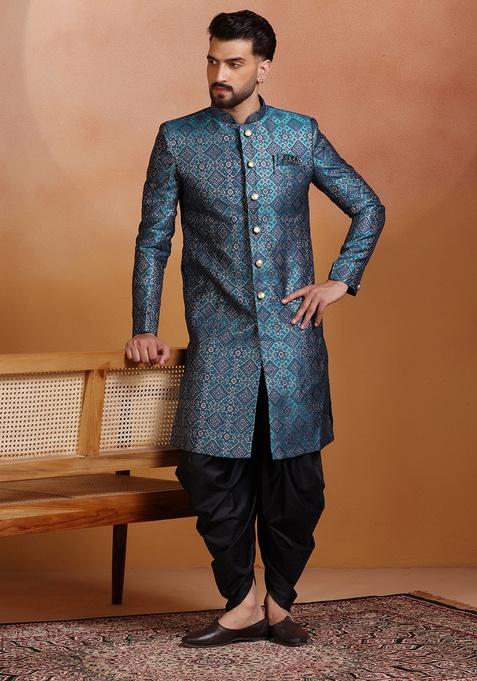 Royal Blue Embroidery Jacquard Sherwani Set For Men