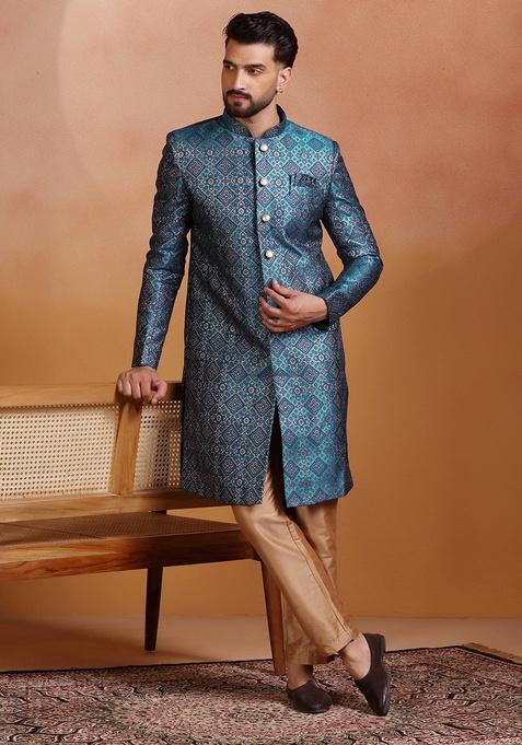Royal Blue Embroidery Jacquard Sherwani Set For Men