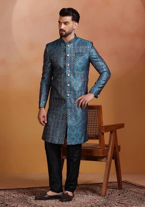 Royal Blue Embroidery Jacquard Sherwani Set For Men