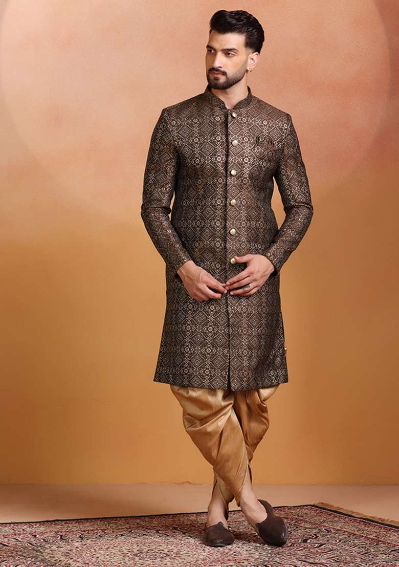 Brown Embroidery Jacquard Sherwani Set For Men - Indya