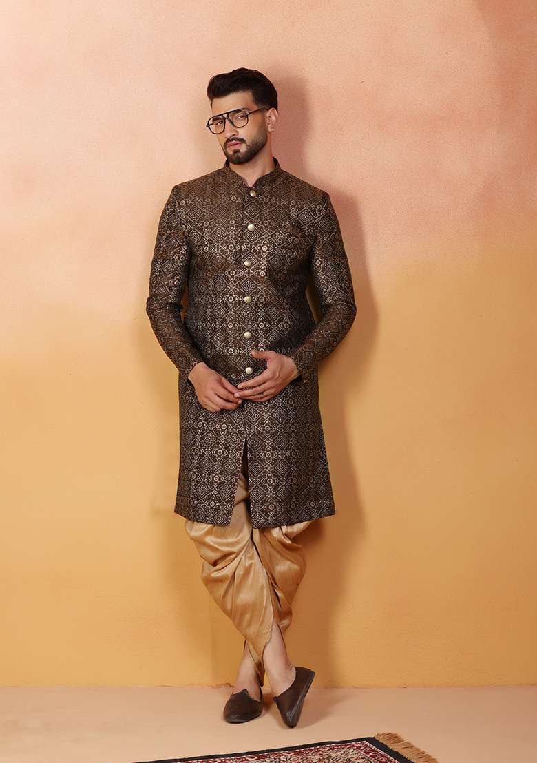 Brown Embroidery Jacquard Sherwani Set For Men - Indya