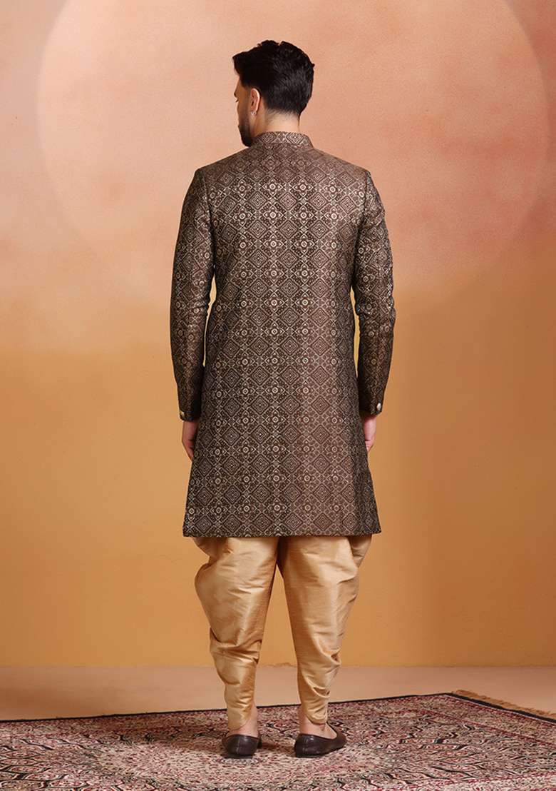Brown Embroidery Jacquard Sherwani Set For Men - Indya