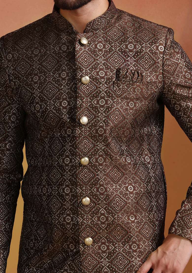 Brown Embroidery Jacquard Sherwani Set For Men - Indya