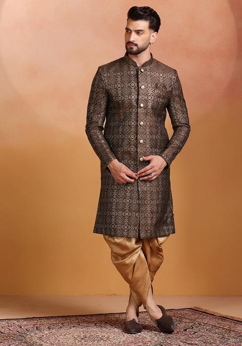Brown Embroidery Jacquard Sherwani Set For Men