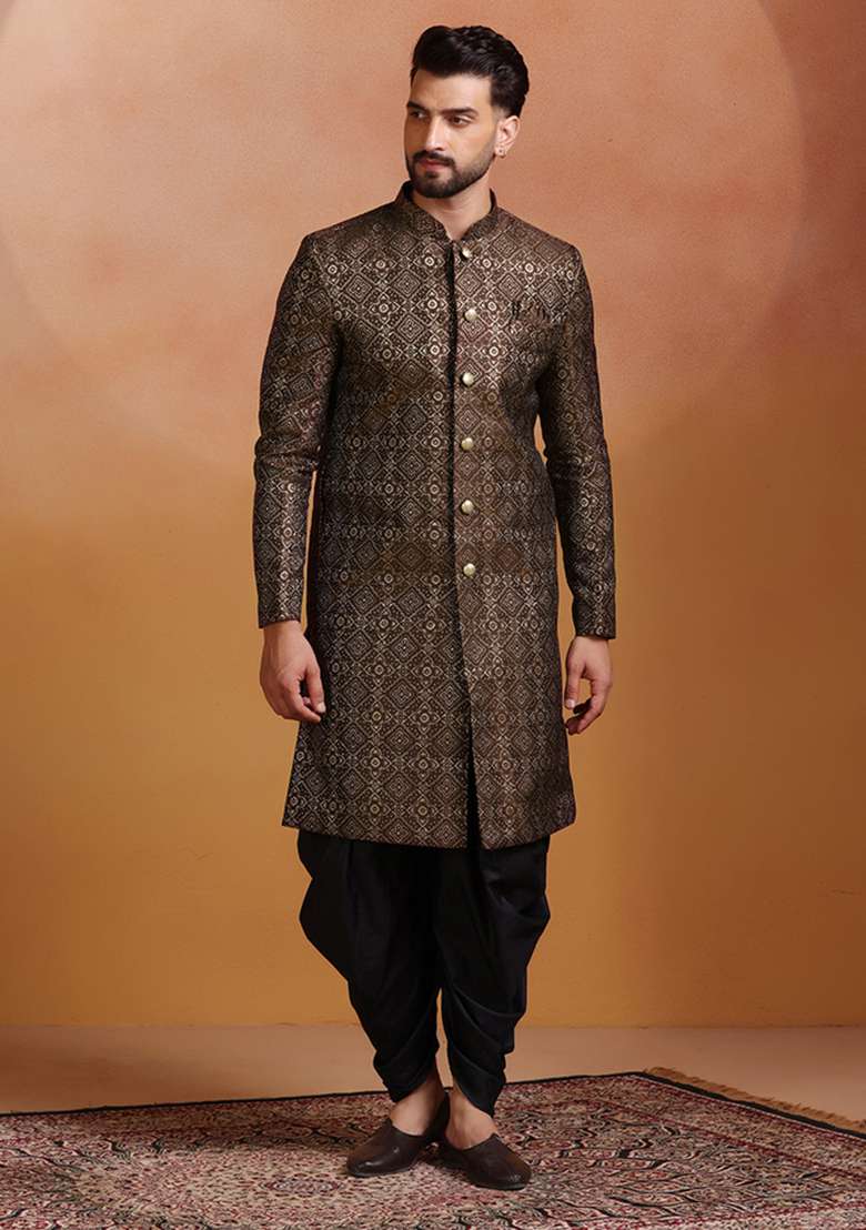 Brown Embroidery Jacquard Sherwani Set For Men - Indya