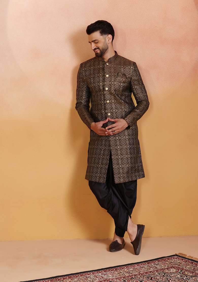 Brown Embroidery Jacquard Sherwani Set For Men - Indya