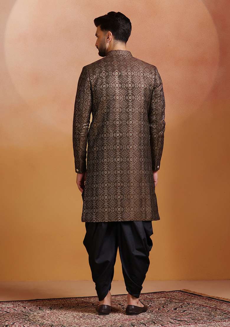 Brown Embroidery Jacquard Sherwani Set For Men - Indya