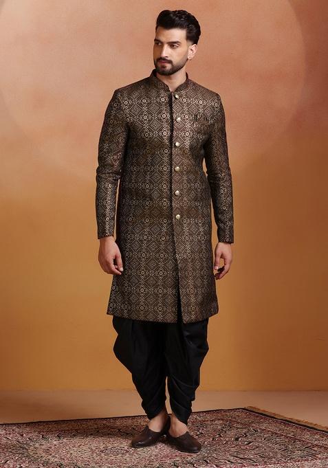 Brown Embroidery Jacquard Sherwani Set For Men