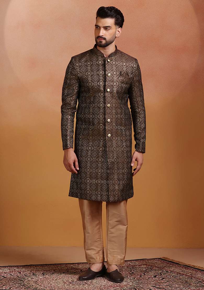 Brown Embroidery Jacquard Sherwani Set For Men - Indya