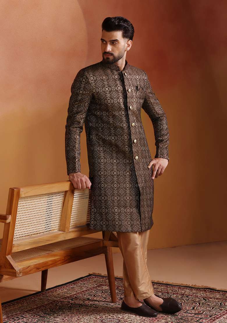 Brown Embroidery Jacquard Sherwani Set For Men - Indya