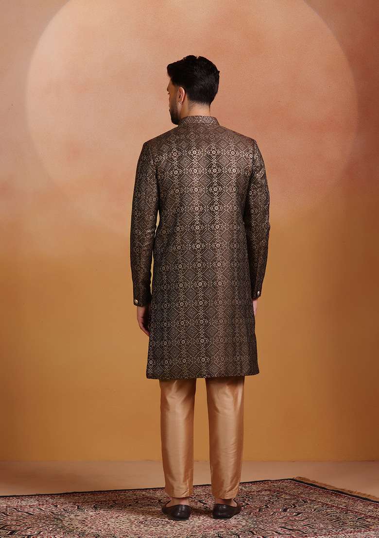 Brown Embroidery Jacquard Sherwani Set For Men - Indya