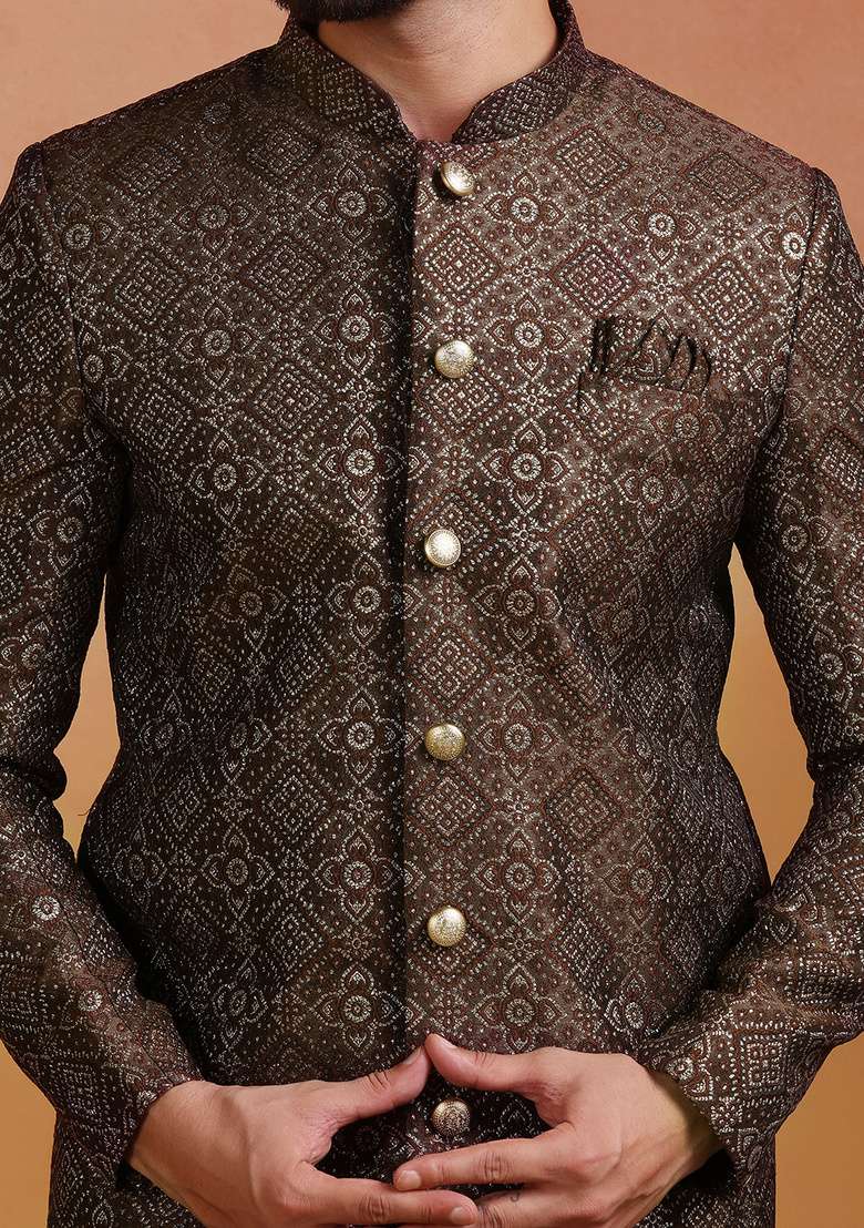 Brown Embroidery Jacquard Sherwani Set For Men - Indya