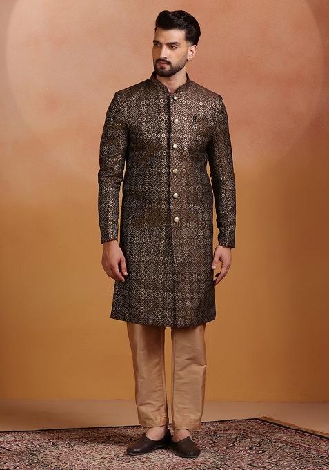 Brown Embroidery Jacquard Sherwani Set For Men