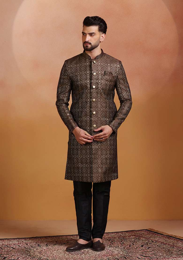 Brown Embroidery Jacquard Sherwani Set For Men - Indya