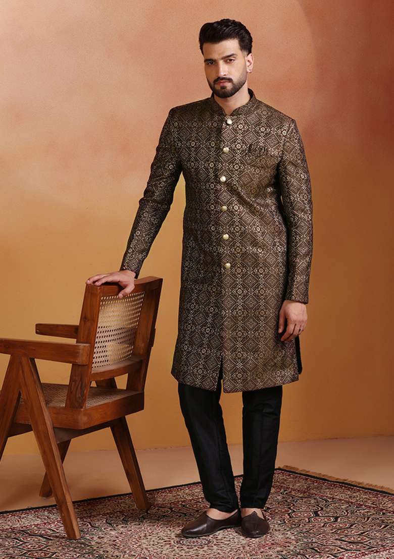 Brown Embroidery Jacquard Sherwani Set For Men - Indya